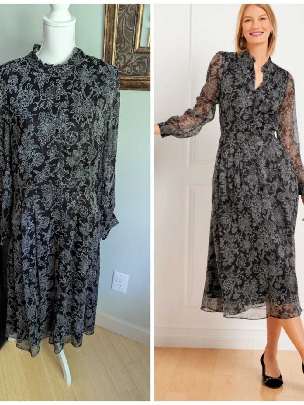 Talbots Size 14 Black Metallic Stripe Fit & Flare Shirtdress Jacobean Floral